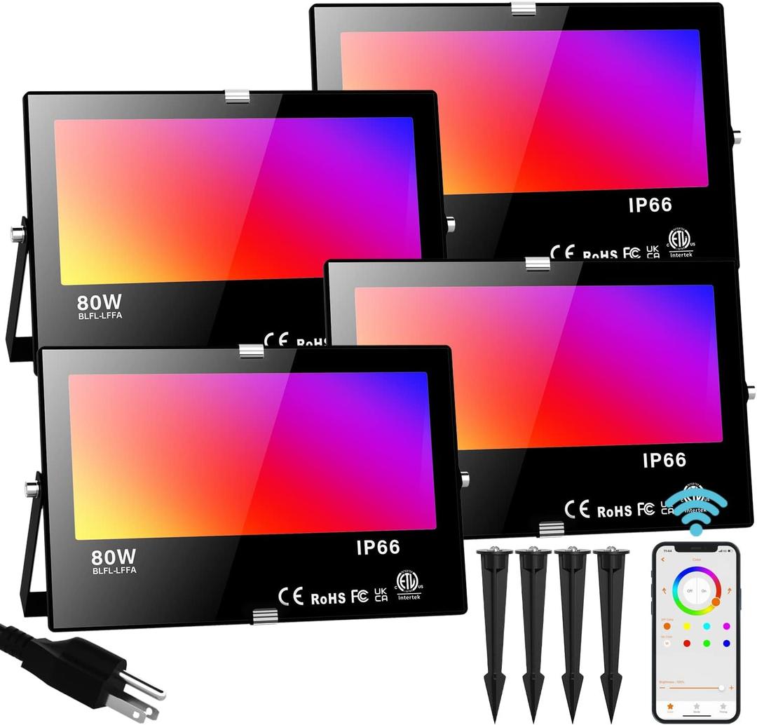 LED Flood Light Outdoor 800W Equivalent Bluetooth Smart Color Changing RGB Spot Light DIY-Scene+RGB+2700K Warm White APP & Group Control & Timing IP66 Waterproof 4Pack (Bluetooth-80w-4pack with stake)
