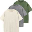 Men's Cotton T-Shirts Oversized Unisex Short Sleeves Casual Loose Wash Solid Basic Tee Tops (Large, Beige+armygreen+grey)