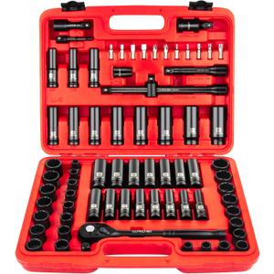 LLNDEI 72 Piece 1/2 Inch Drive Socket Set, 6 & 12 Point Impact Sockets, Deep & Shallow Sockets, Cr-V Steel, Metric & SAE, Including Extension Bars, Ratchet Handle, Adapters, Universal Joint, Bits Set
