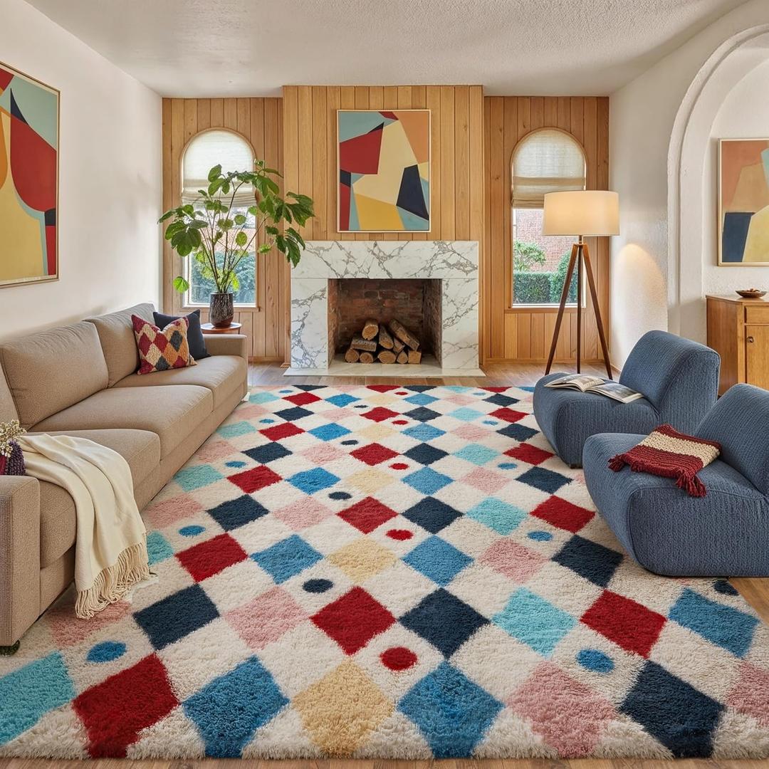 Checkered Rug 8x10 Fluffy Shag Living Room Colorful Area Rug Modern Washable Carpet Soft Shaggy Non Slip Indoor Plush Fuzzy Rugs for Bedroom Dorm Office Home Aesthetic Decor