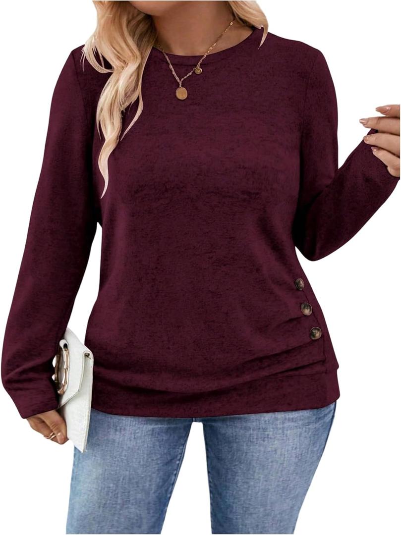 SOLY HUX Women's Plus Size T Shirt Long Sleeve Crew Neck Button Casual Tee Tops Fall Clothes