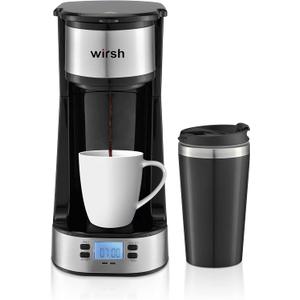 Wish Single Serve Coffee Maker- Small Coffee Maker with Programmable Timer and LCD display, Single Cup Coffee Maker with 14 oz.Travel Mug and Reusable Coffee Filter, NON-POD Coffee Maker, Black