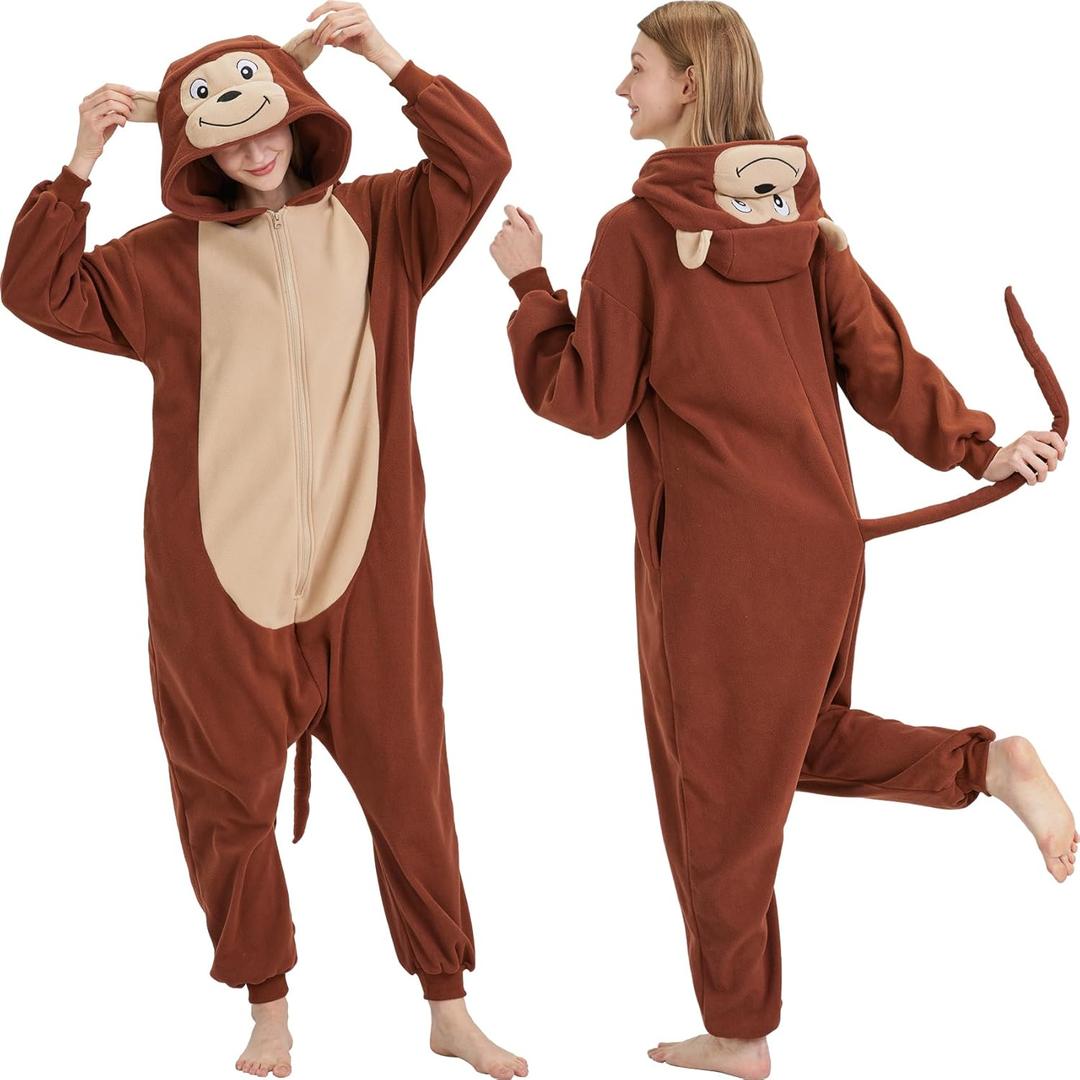 Adult Animal Onesie Halloween Costume One-Piece Cosplay Pajamas for Women and Men (Medium, Monkey)