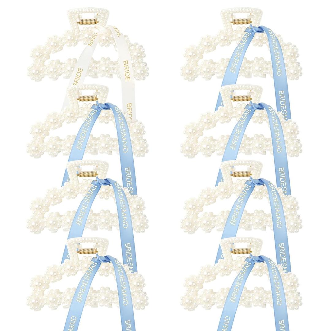 DEEKA Bridesmaid Proposal Gifts 8 Pack Pearl Bridesmaid Hair Claw Clips with Ribbon 3 Inch Hair Clips Bachelorette Party Favors Bridal Party Present Hair Accessories (Half Circle White & Blue)