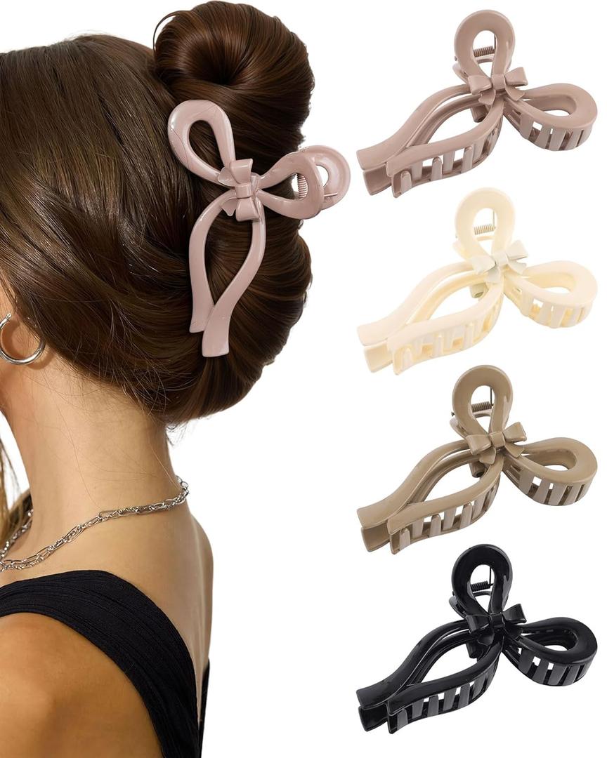 4 PCS Bow Hair Clips for Women Bow Claw Clip 5" Extra Large Hair Claw Clips for Thick and Long Hair Cute Bows Big Clip (1 Count (Pack of 4), 5" - Glossy- Khaki + Off-white + Ash Pink + Black)