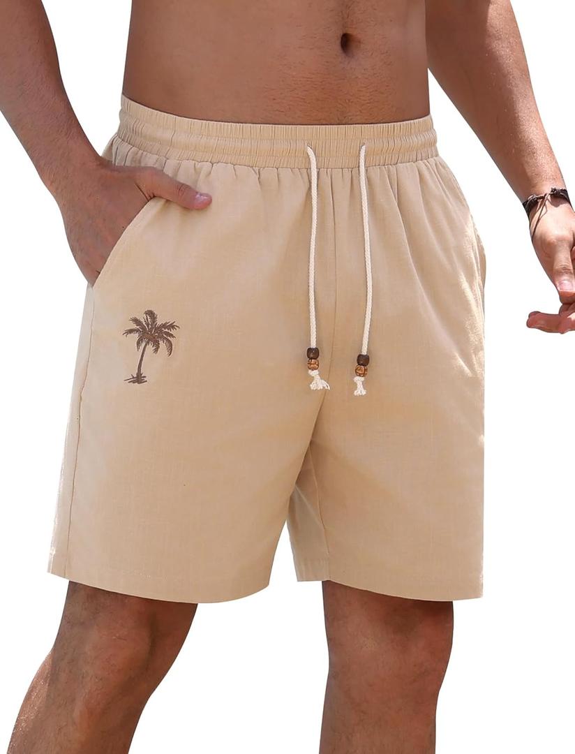 Men's Cotton Shorts Drawstring Waist Embroidered Tree Summer Vacation Beach Shorts (Beige, L)