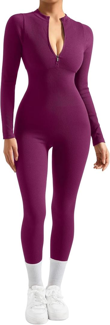 SUUKSESS Women Long Sleeve Ribbed Jumpsuit Zip up Front Workout Bodycon Romper (Medium, Purple)