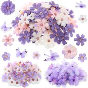 Tigeen 250 Pcs Faux Flower Heads Organza Butterfly Set Includes 200 Silk Daisy 50 Butterfly Embellishments Artificial Flowers Heads 3D Butterflies for DIY(Purple Colors)