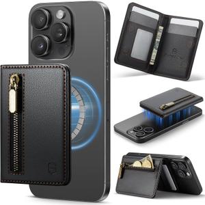 Strapurs Magnetic Card Holder Compatible with MagSafe Phones and Cases, PU Leather Phone Wallet for iPhone 17/16/15/14/13/12/Pro/Max/Plus/Air, 4 Card Slots RFID Blocking with Zipper Pocket - Black