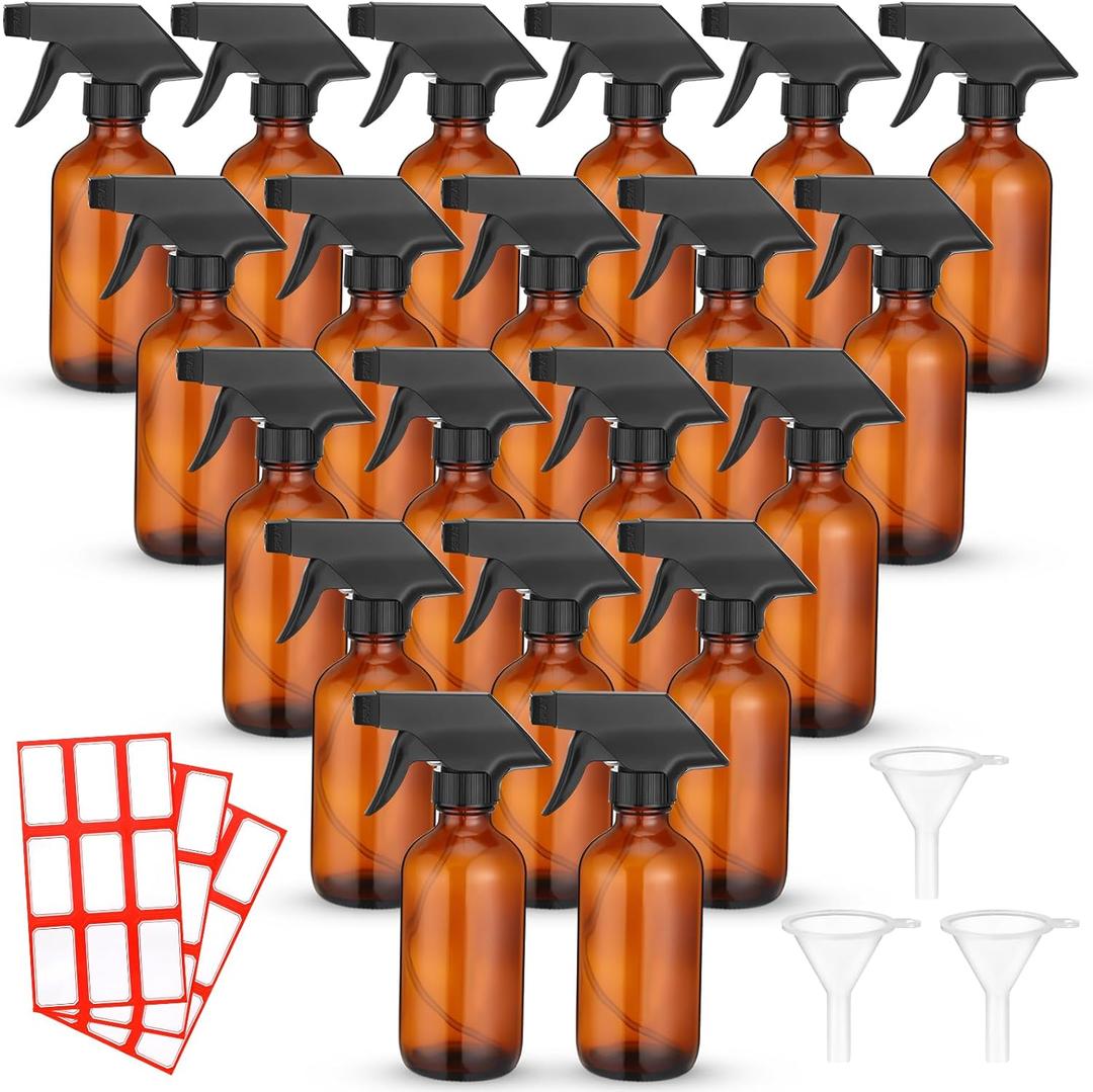 Norme 24 Pcs Glass Spray Bottles with Funnels and Labels 8 oz Refillable Cosmetic Empty Spray Containers with Trigger Squirt Containers for Essential Oil Cleaning Solutions(Brown)