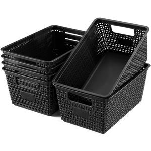 Set of 6 Baskets For Organizing, Plastic Storage Bins and Small Basket for Organization and Storage Shelves Drawers Desktop Closet Playroom Classroom Office, Black