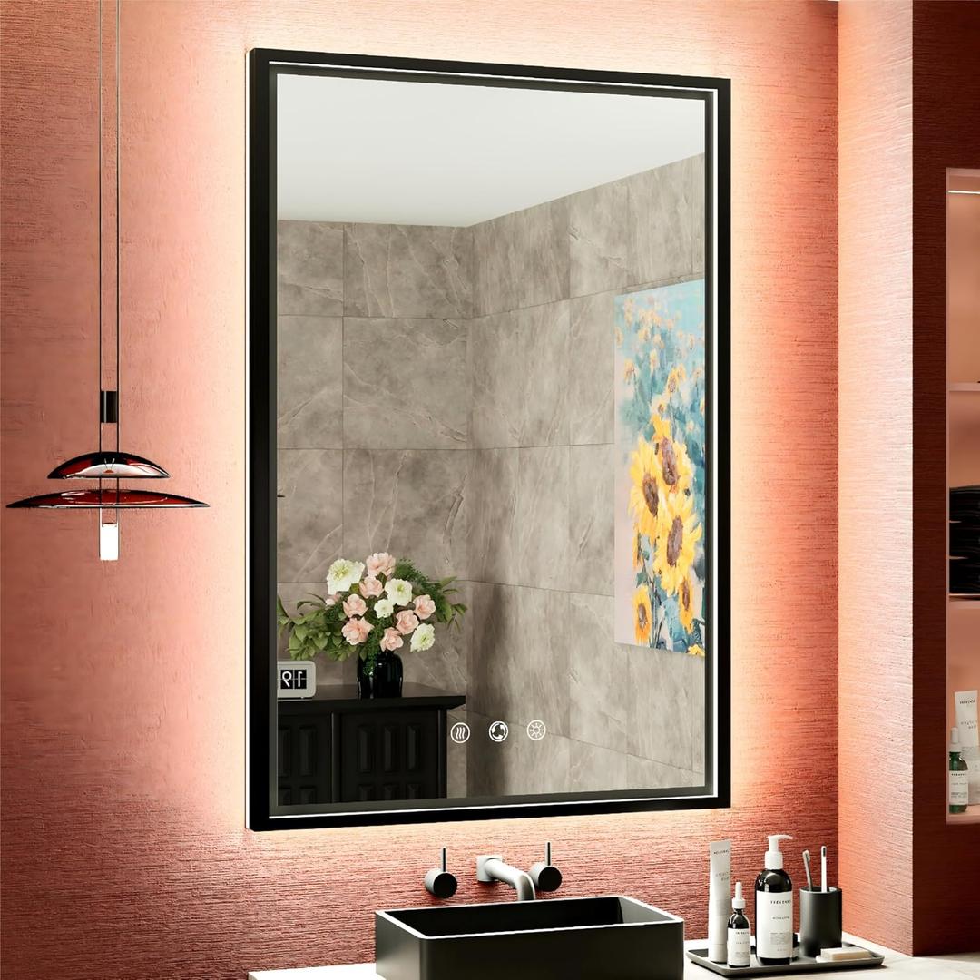 24x36 Inch LED Mirror for Bathroom with Front & Back Lights, Adjustable 3000K/4500K/6000K, Wall Mounted Black Lighted Bathroom Vanity Mirror, Stepless Dimmable, Anti-Fog, Memory Function