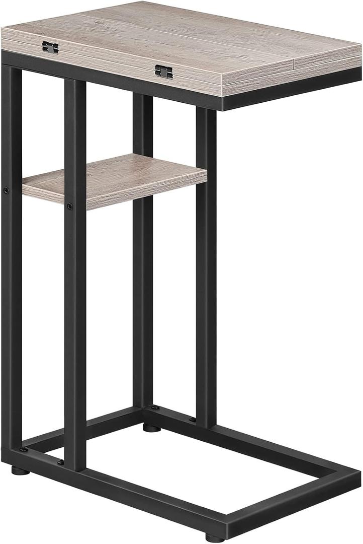 HOOBRO Foldable End Table, C Shaped Side Table with Storage Shelf, Small Snack Table Suitable for Living Room Bedroom Small Spaces, Easy Assembly, Greige and Black BG29SF01, 15.4''L x 10.2''W x 25.2''H