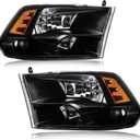 Headlights fit 09-18 Dodge Ram 1500/10-18 Dodge Ram 2500 3500 4500 5500 (Only Fit Factory Quad Style Halogen Headlamp) Black Housing Amber Reflector
