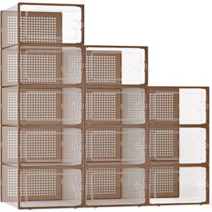 Kuject X-Large Shoe Storage Boxes Organizers for Closet 12 Pack, Fit Size 11,Clear Plastic Stackable Sneaker Containers for Entryway, Space Saving Shoe Rack, Brown