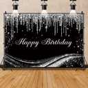 Renaiss 10x7ft Silver Birthday Backdrop for Photoshoot Man Woman Portrait Gray Floating Glitters Luxury Graceful Black Photography Background Happy Birthday Banner Bday Party Decors Photo Booth Props