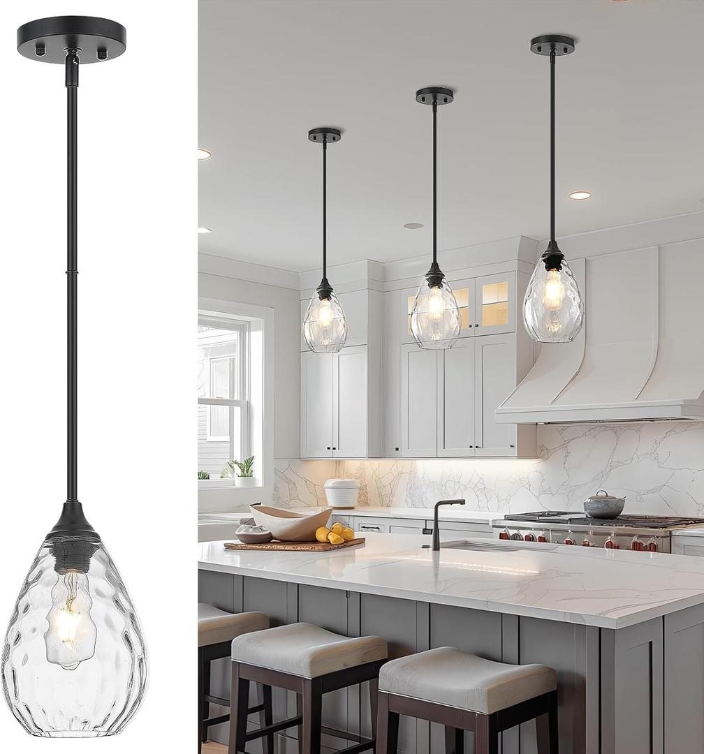 Glass Pendant Lights Kitchen Island, 1-Light Modern Black Pendant Light Fixtures with Hammered Glass and Rods, Small Hanging Light for Kitchen Sink Dining Room Bathroom