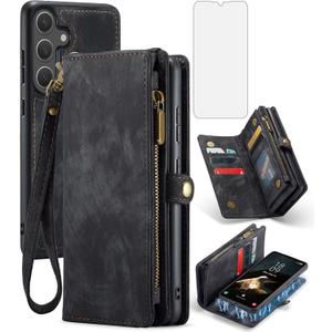 Asuwish Phone Case for Samsung Galaxy S25 Plus S25+ 5G Zipper Wallet Magnetic Detachable Cover with Tempered Glass Screen Protector and Flip Card Holder Cell S25plus 25S + S 25 25+ Women Men Black