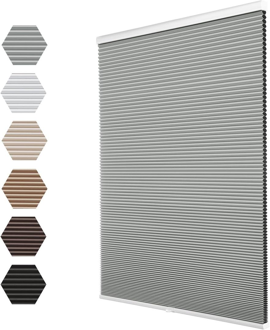 Changshade Blackout Cordless Cellular Shades for Windows,Honeycomb Blinds with Thermal Insulation,UV Protection,Child Safe,Privacy Light Control,Easy to Install27" W x 64" H,Grey