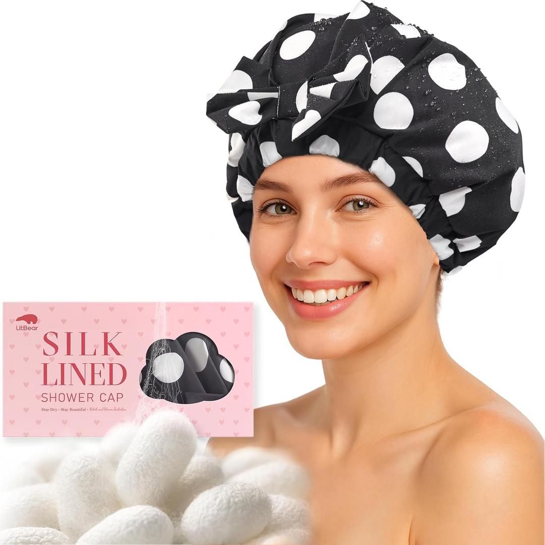 LitBear Luxury Silk Lined Shower Caps for Women Reusable Waterproof, Double Layered Large Bathing Hair Cap with Adjustable Elastic Strap, Non-slip, Quick-dry, for Long Short Hair, Black Dots