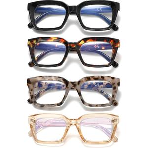 Oversized Reading Glasses for Women, 4 Pack Fashion Square Blue Light Blocking Computer Readers for Women, +2.00