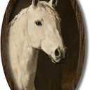 Vintage White Horse Wall Art, Rustic Horse Portrait Oval Framed Wall Decor for Bedroom Living RoomOffice Farmhouse, Wooden Frame 9 x 14.6 Inch (017)
