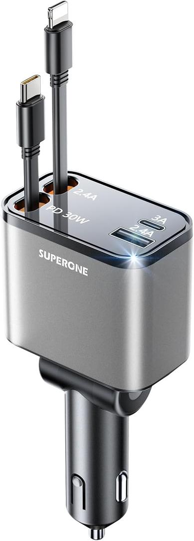 [2024 Upgraded] 4 in 1 Retractable Car Charger, SUPERONE Smaller Fast Car Phone Charger 69W with Cord, USB C and iPhone Car Charger Adapter, Compatible iPhone 15/15 Pro Max/14/13/12/11, Sumsung (Silver)