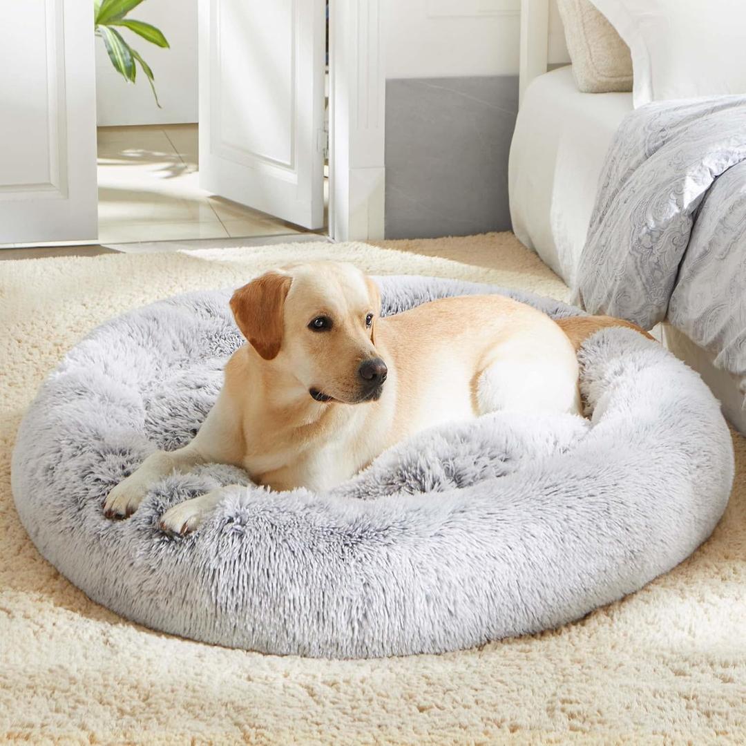 Calming Dog Bed & Cat Bed, Anti-Anxiety Donut Dog Cuddler Bed, Warming Cozy Soft Dog Round Bed, Fluffy Faux Fur Plush Dog Cat Cushion Bed for Small Medium Dogs and Cats (20"/24"/27"/30") (Light Grey)
