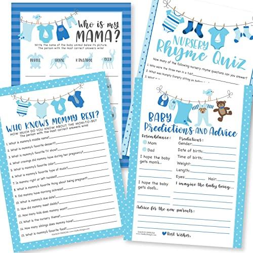 Hadley Designs Baby Shower Games for 25 Guests - Blue Clothesline Baby Predictions & Advice Cards, Who Knows Mommy Best, Nursery Rhyme Trivia Game, Who is My Mama Babyshower Games for Boy, Made in USA