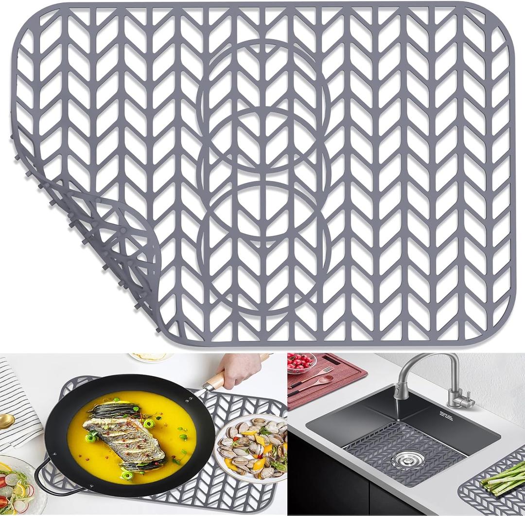 AWOKE Sink Protectors for Kitchen Sink - 19"x 13" Sink Mat - Heat resistant Easy-clean Silicone Sink Mat - for Protection of Stainless Steel Sink - with 3 Reserved Holes (Grey)