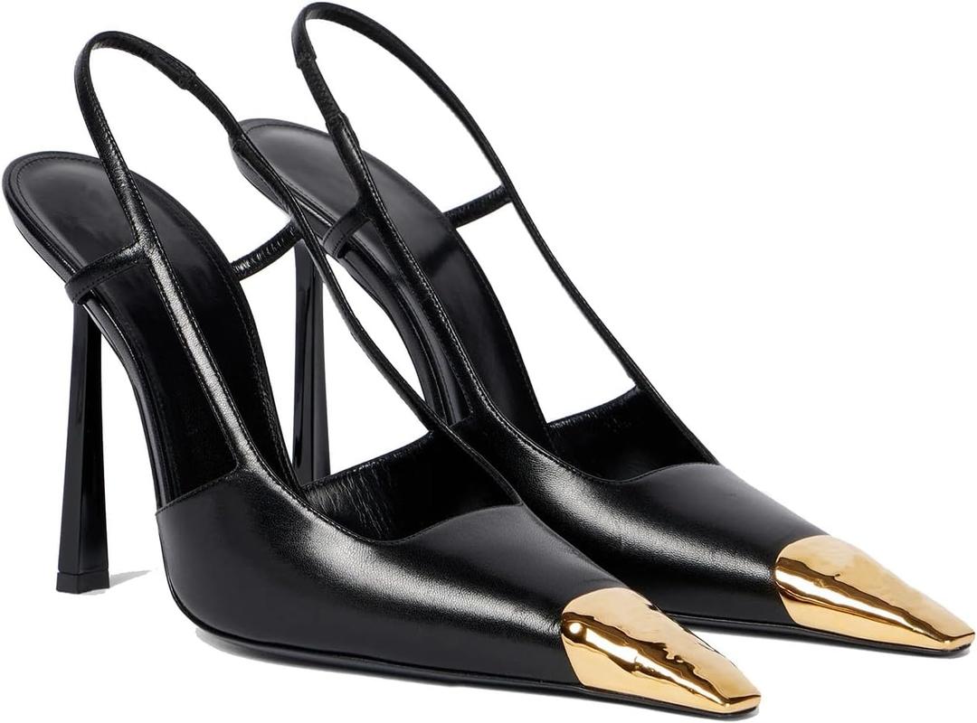 THESHY Womens Slingback High Heels Metal Pointed Toe Leather High Stiletto Heel Pumps Slip on Elastic Strap Fashion Dress Shoes for Women