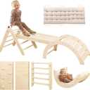 Pikler Triangle Set with Cushion, 7 in 1 Toddler Climbing Toys Indoor, Montessori Foldable Climbing Set, Wooden Climbing Toys for Toddlers 1-3 Inside with Ramp, Arch and Ladder (Nature Wood)