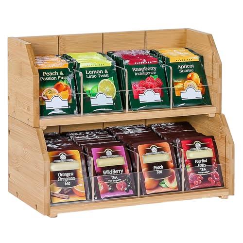 TIOPGHAD 2-Layer Stackable Bamboo Tea Bag Organizer Storage Holder & Rack - Wooden Tea Box Containers - Stand for Countertop or Cabinet