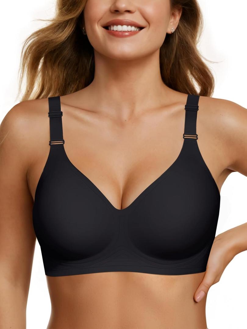 OEAK Women's Seamless Bras Comfortable Bra No Underwire Full Support Bralette Push Up Plus Size V Neck Sleeping T-shirt Bras (Large, Black)