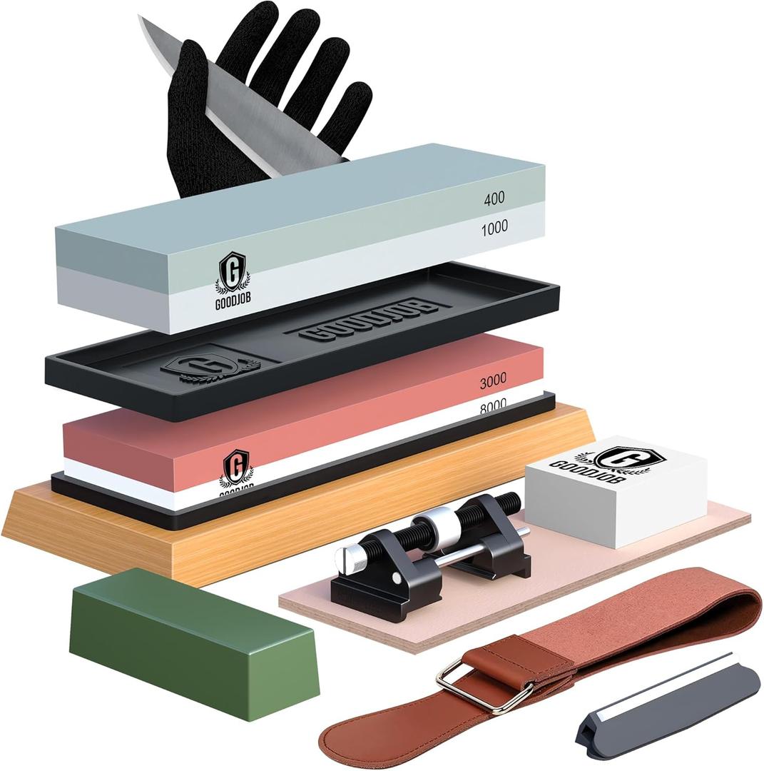 Complete Knife Sharpening Stone Kit - Goodjob Premium Whetstone Knife Sharpener Stone - Dual Grit 400/1000 3000/8000 Wet Stone Sharpening Kit with Cut Resistant Gloves, Honing Guide, Bamboo Base