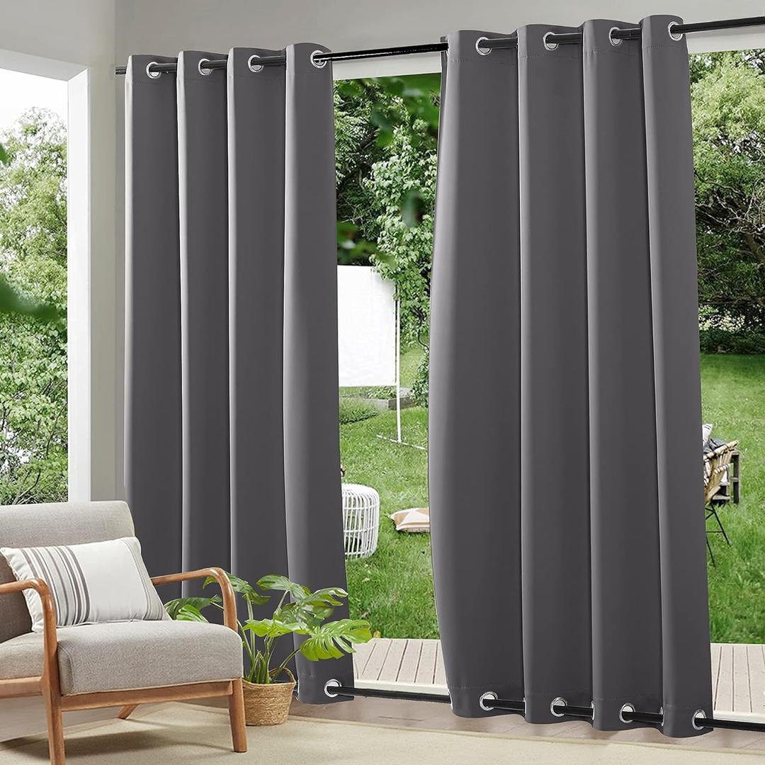 RYB HOME 2 Panels Weighted Outdoor Curtains - Waterproof Windproof Thermal Insulated Blackout Privacy Curtain for Porch Balcony Cabana, Grey, W52 x L84 inches 