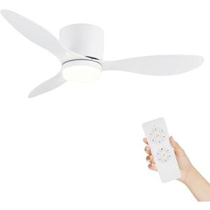 Flush Mount Ceiling Fans with Lights, 42 Inch White Ceiling Fan with 3 Blades, Reversible DC Motor, 6 Speeds, 3 Color Temperatures, Low Profile Ceiling Fan for Living Room Bedroom (White)