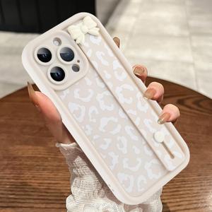 MOWIME Compatible with iPhone 15 Pro Max Case with Strap, Upgraded Bow Wrist Strap Cheetah Print Shockproof Soft TPU Protective Cover, Slim Leopard Case for iPhone 15 Pro Max 6.7 Inch, White