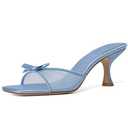 Mostrin Blue Mesh Kitten Heels for Women Open Square Toe Mule Heeled Sandals With Bow Slip On Backless Dress Shoes for Wedding Party Holiday Size 7.5