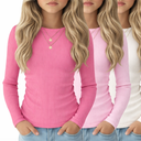 LessonZoo 3 Pack Girls Long Sleeve Shirts Cotton Ribbed Knit Ruched Layer Tops Slim Fit Casual Undershirts Crewneck Tees (9-10 Years, Bright Pink, Peach Pink, Beige)