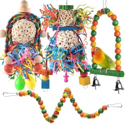 Bissap Conure Toys, 4 PCS Parrot Foraging Shredder Hanging Toys Sola Balls with Sand Hammer Perch Swing Climbing for Small Parrots Parakeets Conures Cockatiels Love Birds Cage Toy