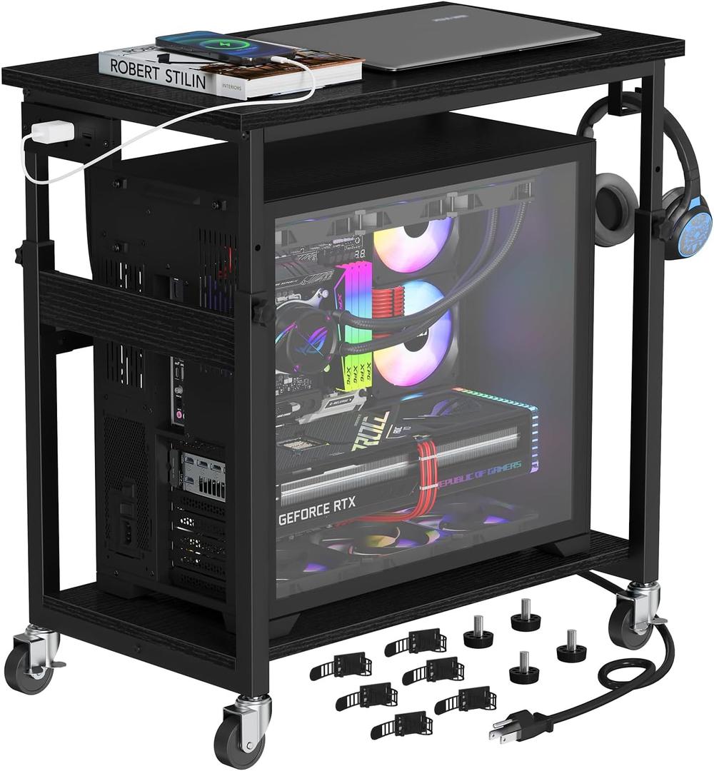 Snughome Oversized Computer Tower Stand with Extended Top & Charging Station, 25.2''-36.2'' Height-Adjustable PC Tower Stand, Rolling CPU Cart with Lockable Wheels for Office Home Gaming, 27.56" L x 15.75" W x 36.22"
