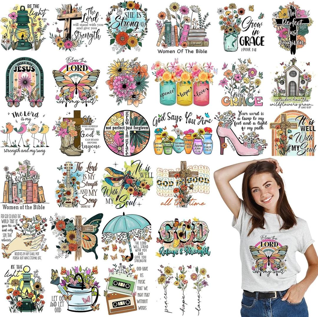 Estune 30 Pcs Christian God Bible Verses Iron on Transfers Retro Spring Floral Iron on Decals Patch Vintage Vinyl Heat Transfer Stickers for Shirt Clothing Jacket Hat Backpacks