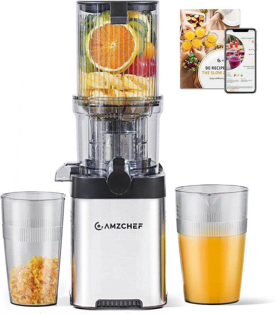 AMZCHEF Cold Press Juicer, Juicers Machines - Wide Mouth & Large Feed Chute for Whole Fruits & Vegetables, Stainless Steel Slow Masticating Juice Easy to Clean, Large Auger, Double Strainers