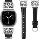 TOYOUTHS Celtic Knot Leather Band Compatible with Fitbit Versa 4/Versa 3/Fitbit Sense 2/Sense Band Women, Slim Dressy Thin Fashion Designer Premium Leather Strap for Versa 3 4 Sense 2 Smartwatch (5.2 - 7.6 Inches, Black/Silver Buckle)