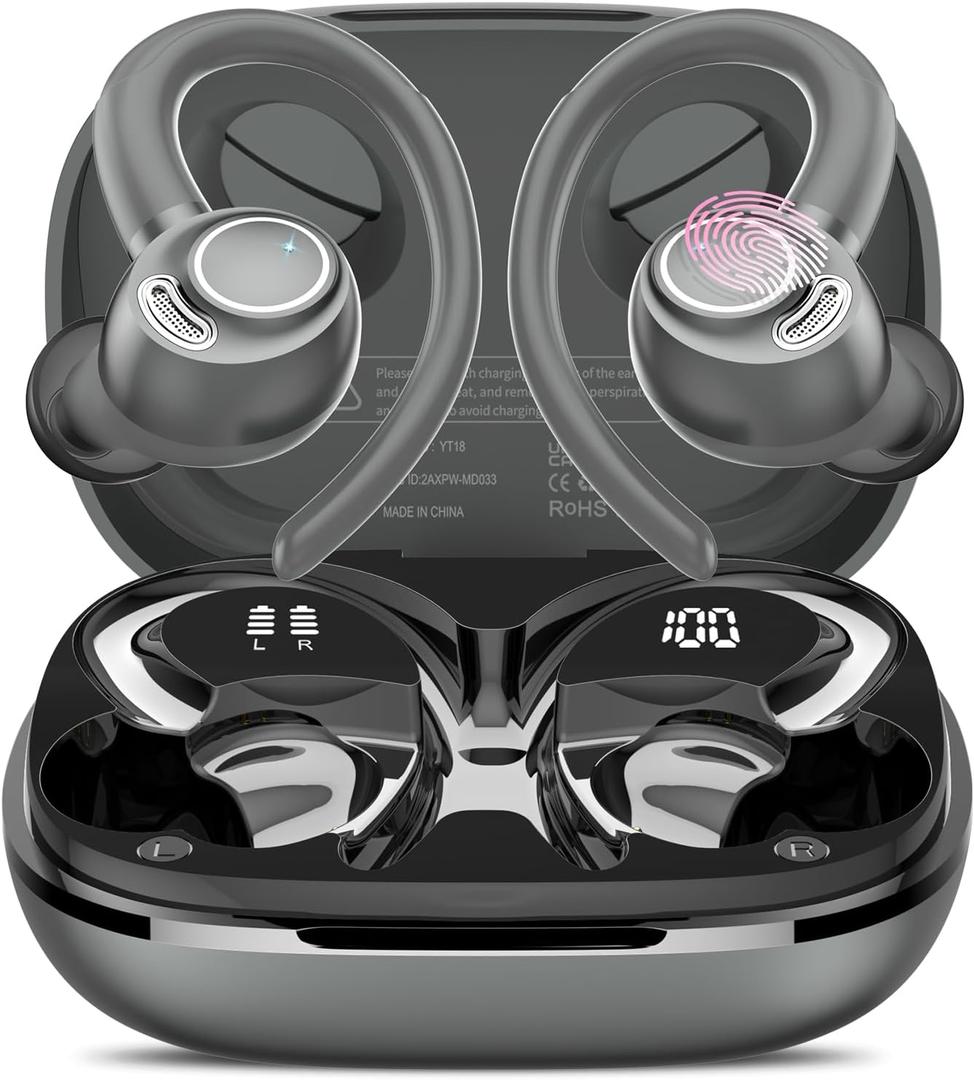 Wireless Earbuds, Bluetooth 5.4 Headphones Sport, Over Ear Buds with ENC Noise Cancelling Mic, 48H, Wireless Earphone with Earhooks, Stereo Deep Bass, IP7 Waterproof Ear Bud for Workout Running, Grey