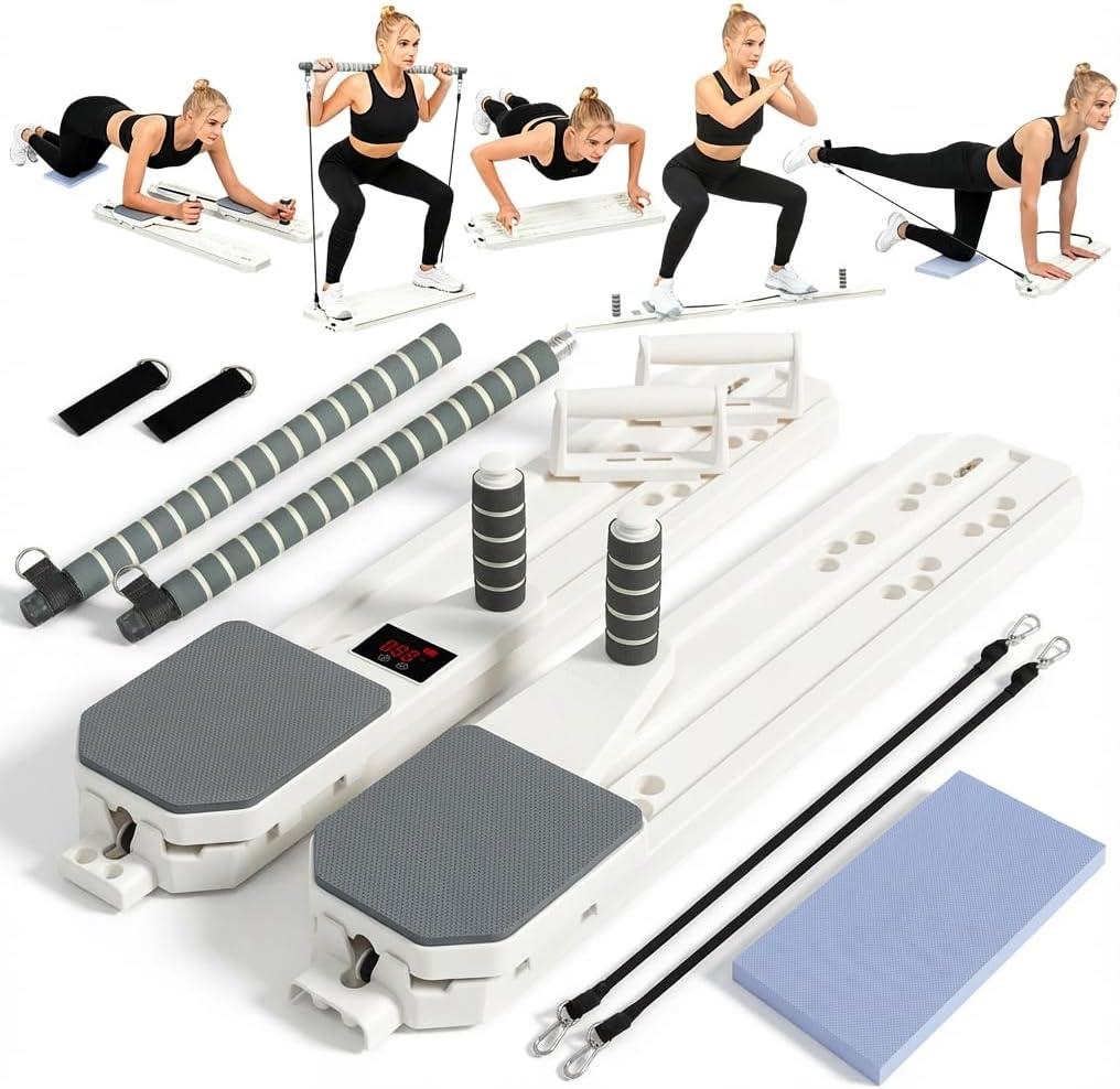 Pilates Reformer Board 12-in-1 Portable Pilates Board for Home Workout Core & Abs Toning Full Body Sculpting Equipment Pink / White