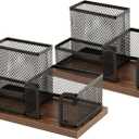 Antique Wood & Mesh Pen Holder Office Supplies Caddy, Storage Baskets for Desktop Accessorieswith Sticky Notes Holder,3 Compartments(2 Pack Black)