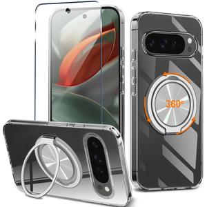 Compatible with Google Pixel 9/9 Pro Phone Case with Tempered Glass Screen Protector, 360 Rotatable Ring Holder Kickstand Shockproof Protective Cover Case for Google Pixel 9/9 Pro 5G 2024 - Clear