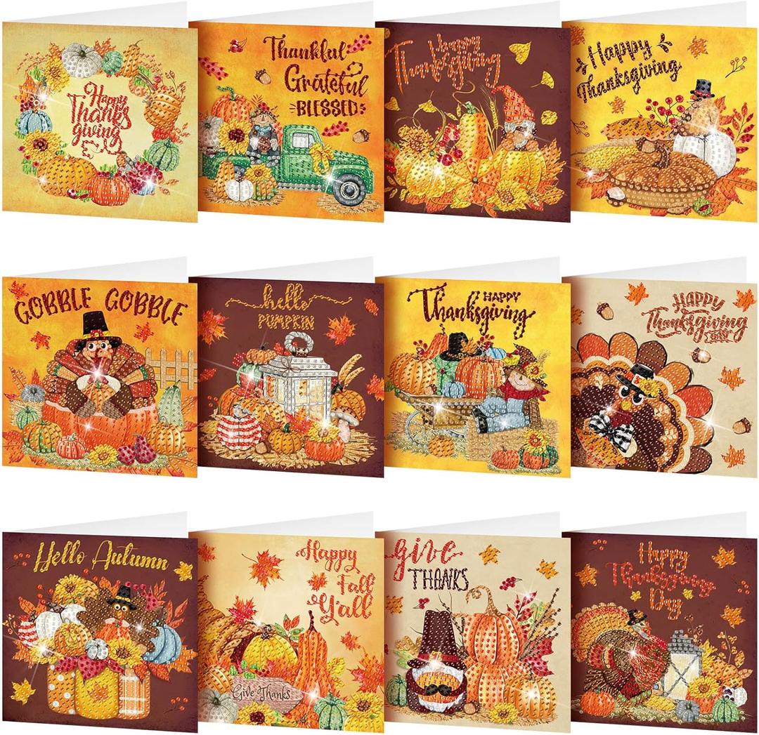 Saillong 12 Pack Fall Diamond Painting Greeting Card Kits DIY Thanksgiving Diamond Art Cards with Envelopes Pumpkin Turkey 5D Rhinestones Paint Card for Adults DIY Crafts Family Friend Birthday Gifts